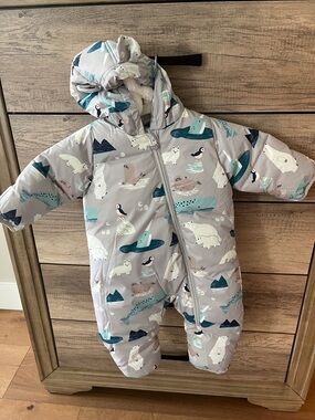 Baby Puffer Snowsuit with Arctic Animal Print - Gray/Teal